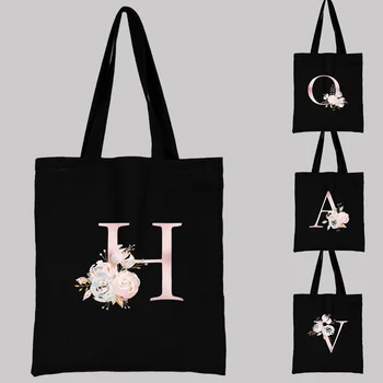 Женская черная сумка для покупок, повседневная большая сумка с розовыми буквами в виде цветка, начальным названием, рисунком, напечатанным на холсте, сумка через плечо многоразового использования