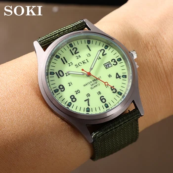 Роскошные Высококачественные мужские часы SOKI Canvas Calendar, кварцевые часы с нейлоновым ремешком, мужские спортивные военные повседневные наручные часы Horloge Clock