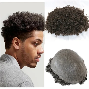8 мм афроамериканский мужской парик с вьющимися волосами, мужской парик из натуральных человеческих волос, система замены протеза из прочной искусственной кожи