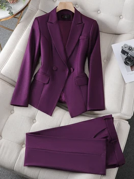Фиолетовый блейзер, женские костюмы с брюками, Официальная деловая рабочая одежда, комплект из 2 предметов для осенне-зимних женщин, женский пиковый лацкан