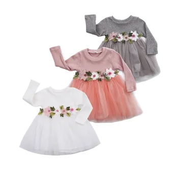 Красивое платье принцессы для маленьких девочек с длинным рукавом и круглым вырезом, цветочный пояс, кружевная пачка, платье-свитер, наряд для осенне-зимней вечеринки