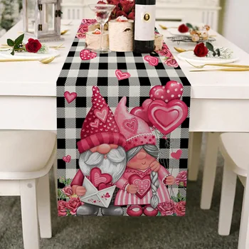 Гном в клетку с розовым сердечком и Буффало, Настольная дорожка на День Святого Валентина, украшение праздничного кухонного стола для праздничной вечеринки